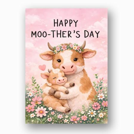 Happy Moothers Day Mother Cow And Calf Pink Editable High Quality Stationery