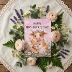 Happy Moothers Day Mother Cow And Calf Pink Editable High Quality Stationery