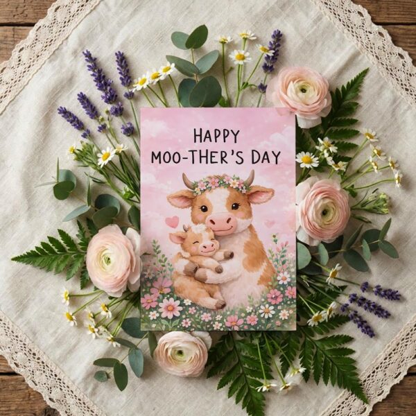 Happy Moothers Day Mother Cow And Calf Pink Editable High Quality Stationery