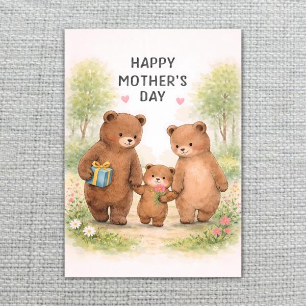 Happy Mothers Day Bear Family Woodland Forest Illustration Modern Digital Stationery Card