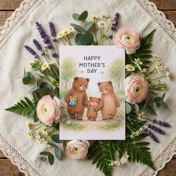 Happy Mothers Day Bear Family Woodland Forest Illustration Modern Digital Stationery Card