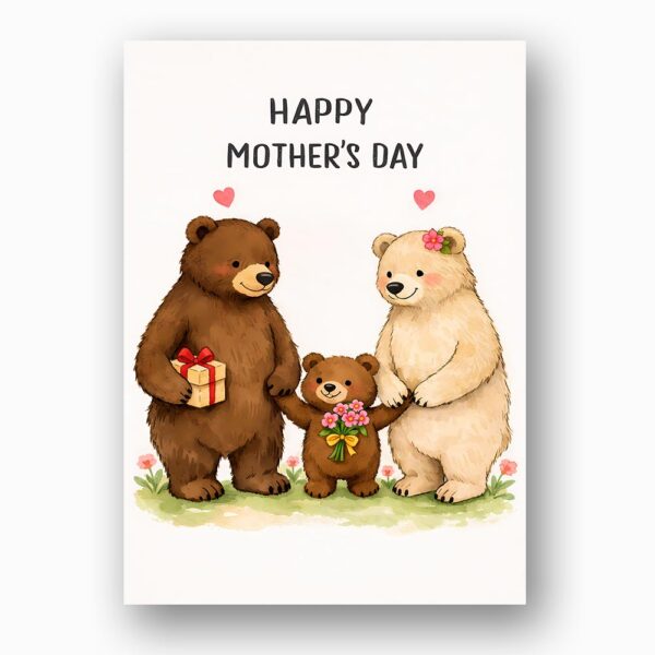 Happy Mothers Day Bear Family Woodland Meadow Illustration Editable Digital Greeting Template
