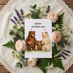 Happy Mothers Day Bear Family Woodland Meadow Illustration Editable Digital Greeting Template