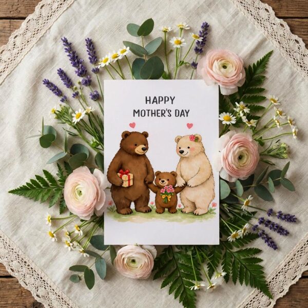 Happy Mothers Day Bear Family Woodland Meadow Illustration Editable Digital Greeting Template