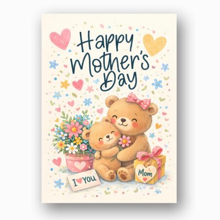 Happy Mothers Day Bear Hug Flowers Heart Gift Design Home Office Printable Greeting
