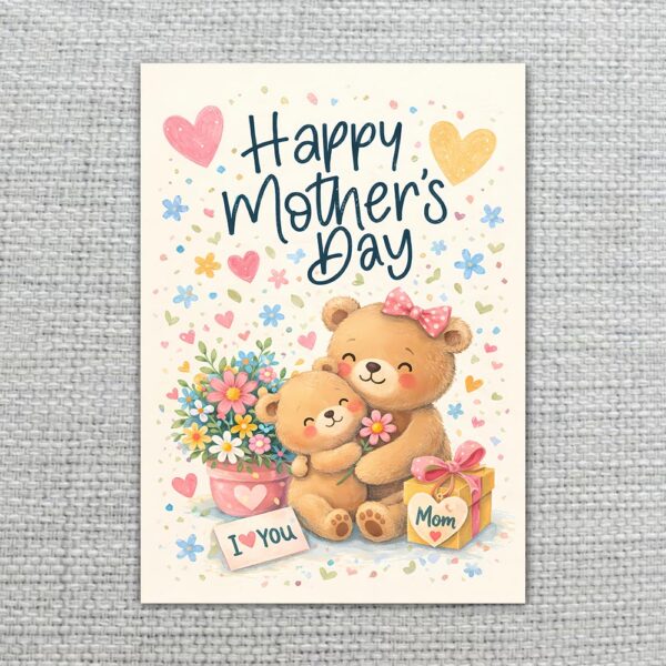 Happy Mothers Day Bear Hug Flowers Heart Gift Design Home Office Printable Greeting