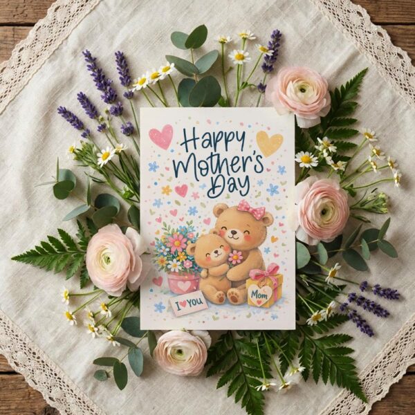 Happy Mothers Day Bear Hug Flowers Heart Gift Design Home Office Printable Greeting