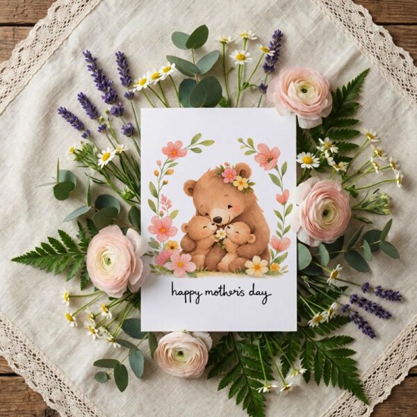 Happy Mothers Day Bear Mom And Cubs Floral Wreath Professional 300 Dpi Download