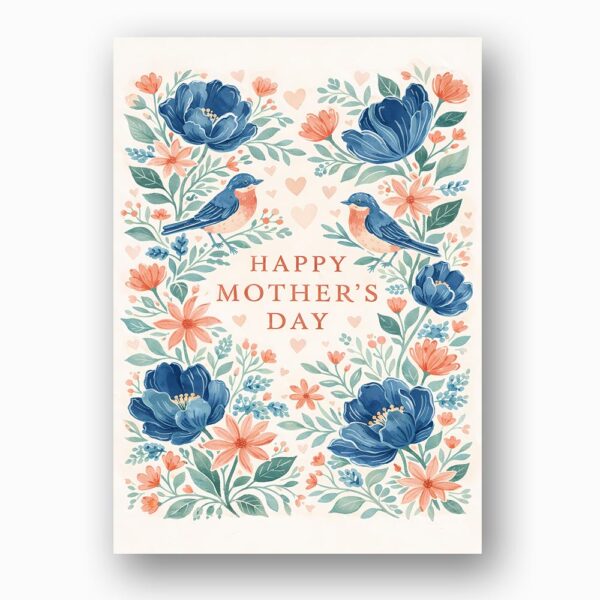 Happy Mothers Day Blue Flowers Birds Floral Wreath Design Downloadable Home Print Card
