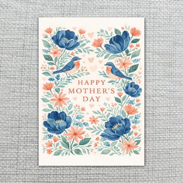 Happy Mothers Day Blue Flowers Birds Floral Wreath Design Downloadable Home Print Card