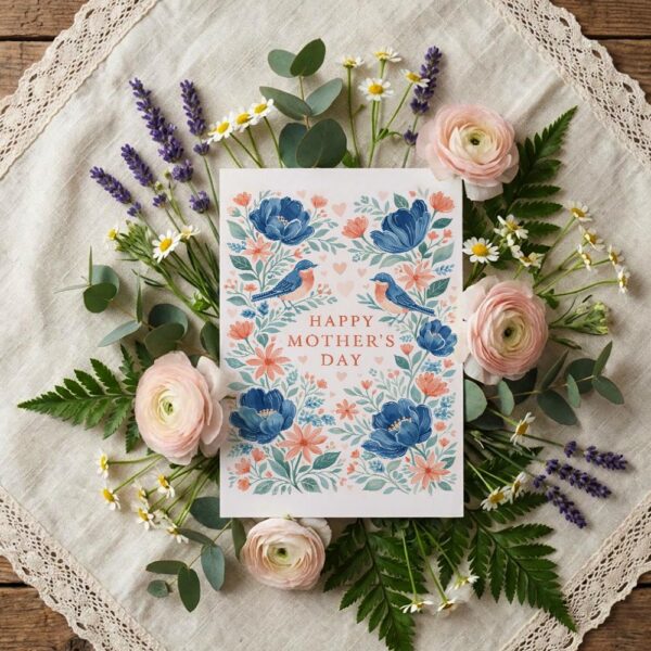 Happy Mothers Day Blue Flowers Birds Floral Wreath Design Downloadable Home Print Card