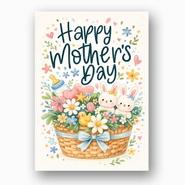 Happy Mothers Day Bunny Rabbit Flower Basket Illustration Diy Watercolor Digital Card