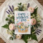 Happy Mothers Day Bunny Rabbit Flower Basket Illustration Diy Watercolor Digital Card