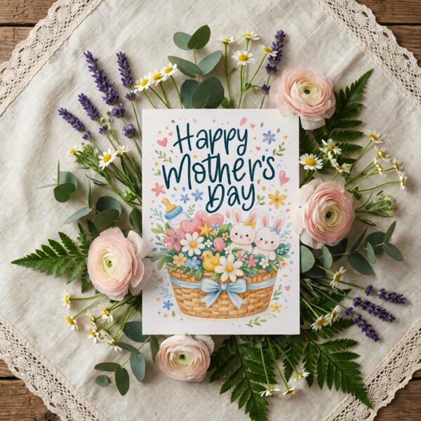 Happy Mothers Day Bunny Rabbit Flower Basket Illustration Diy Watercolor Digital Card