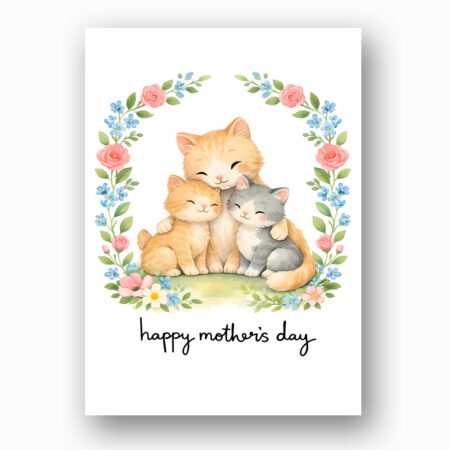 Happy Mothers Day Cat Mom And Kittens Floral Wreath Art Last Minute Digital Greeting