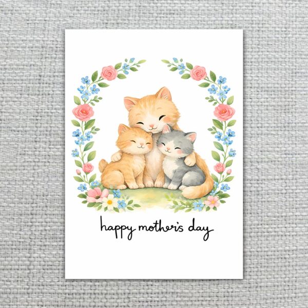 Happy Mothers Day Cat Mom And Kittens Floral Wreath Art Last Minute Digital Greeting