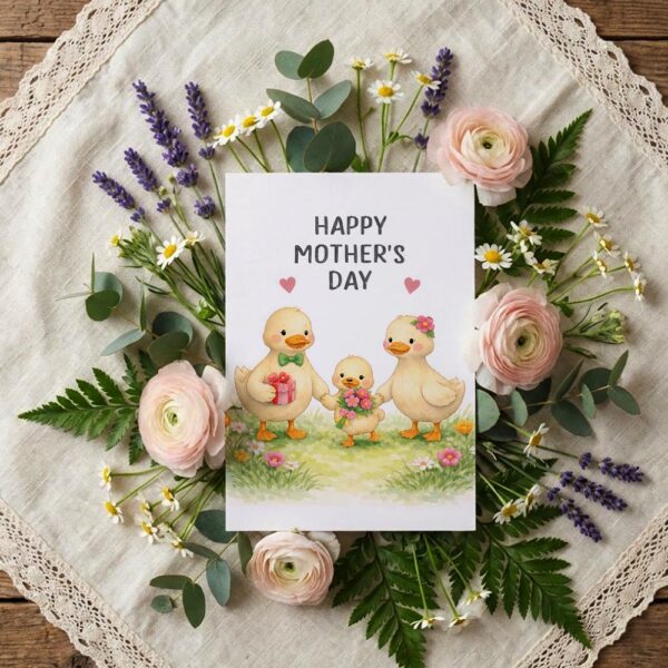 Happy Mothers Day Duck Family Spring Meadow Art Printable 5X7 Greeting Template