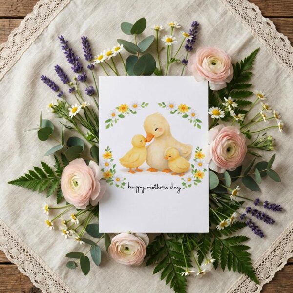 Happy Mothers Day Duck Mom And Ducklings Floral Wreath Editable Home Printing File