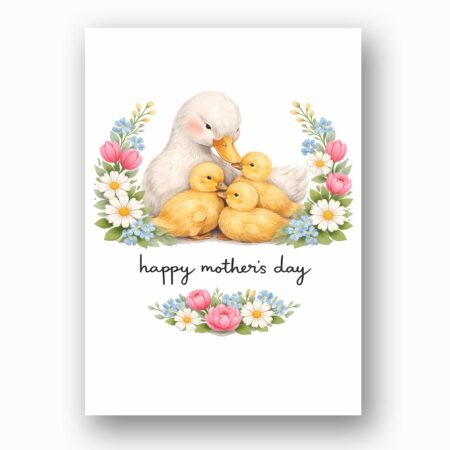 Happy Mothers Day Duck Mom And Ducklings Floral Wreath Design Instant Download 5X7 Greeting Template