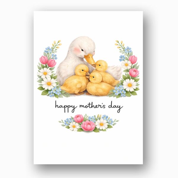 Happy Mothers Day Duck Mom And Ducklings Floral Wreath Design Instant Download 5X7 Greeting Template