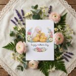 Happy Mothers Day Duck Mom And Ducklings Floral Wreath Design Instant Download 5X7 Greeting Template