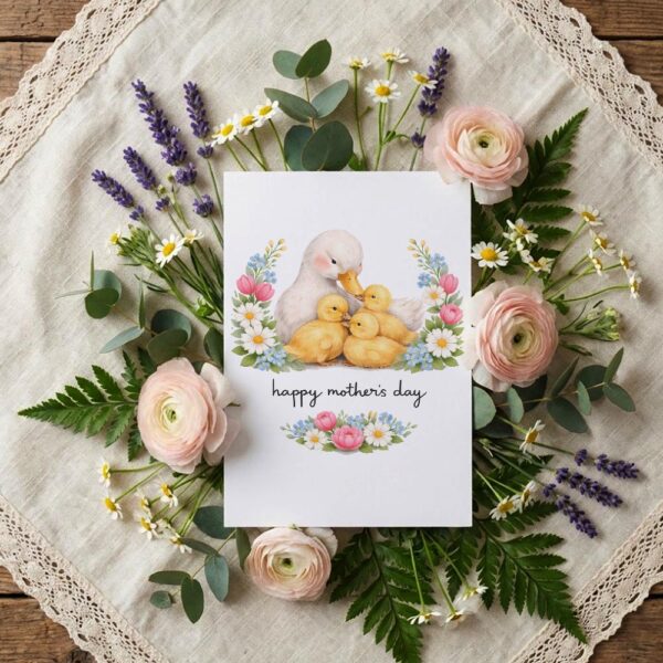 Happy Mothers Day Duck Mom And Ducklings Floral Wreath Design Instant Download 5X7 Greeting Template