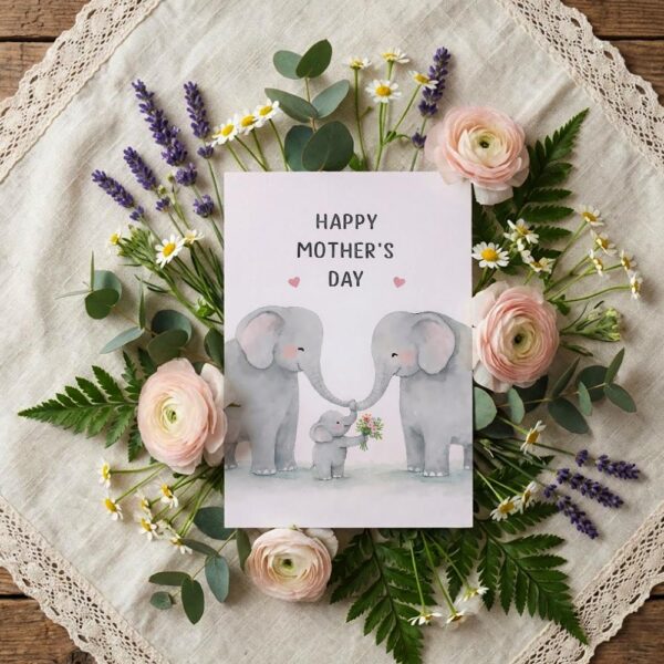 Happy Mothers Day Elephant Family Minimalist Heart Art Diy Printable Card Stationery