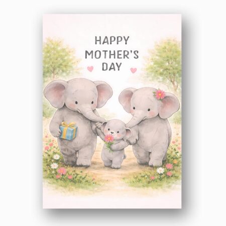 Happy Mothers Day Elephant Family Pink Floral Illustration Diy Celebration Card Download
