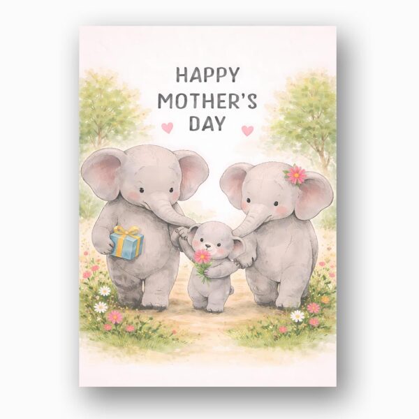 Happy Mothers Day Elephant Family Pink Floral Illustration Diy Celebration Card Download