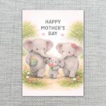 Happy Mothers Day Elephant Family Pink Floral Illustration Diy Celebration Card Download
