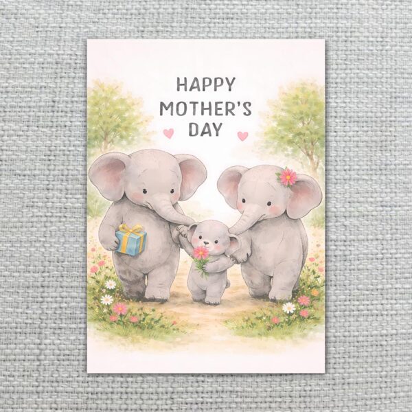 Happy Mothers Day Elephant Family Pink Floral Illustration Diy Celebration Card Download