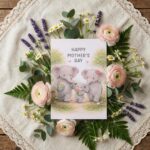 Happy Mothers Day Elephant Family Pink Floral Illustration Diy Celebration Card Download