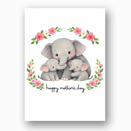 Happy Mothers Day Elephant Mom And Calves Floral Wreath Printable 5X7 Greeting Template
