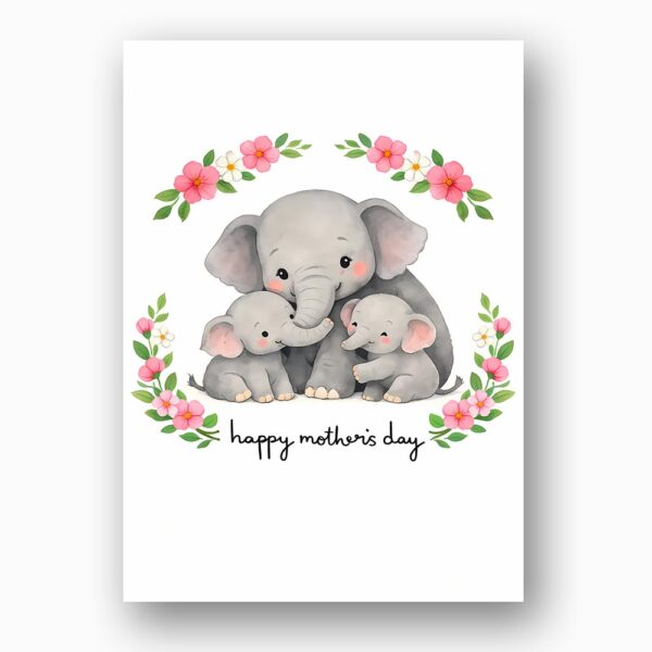 Happy Mothers Day Elephant Mom And Calves Floral Wreath Printable 5X7 Greeting Template