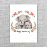 Happy Mothers Day Elephant Mom And Calves Floral Wreath Printable 5X7 Greeting Template