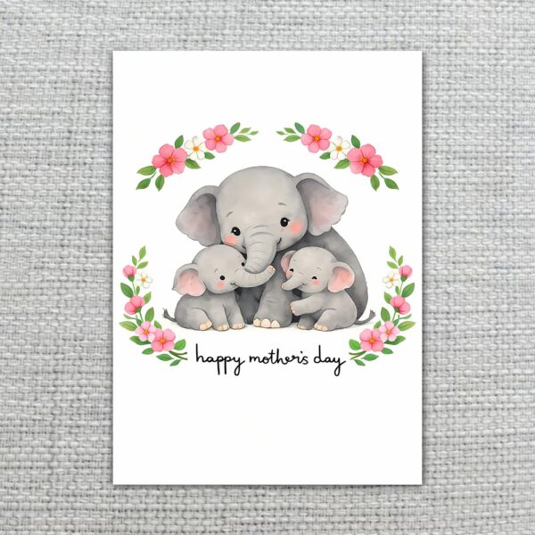 Happy Mothers Day Elephant Mom And Calves Floral Wreath Printable 5X7 Greeting Template