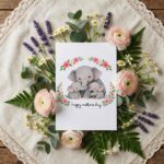 Happy Mothers Day Elephant Mom And Calves Floral Wreath Printable 5X7 Greeting Template