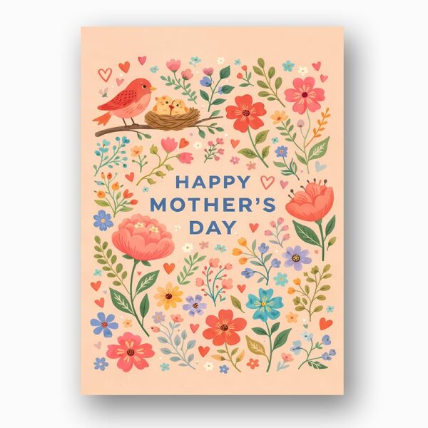 Happy Mothers Day Floral Bird Nest Pink Illustration Diy Watercolor Digital Card