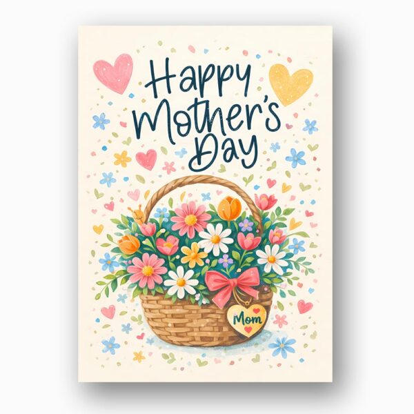Happy Mothers Day Flower Basket Colorful Heart Design Last Minute Digital Greeting