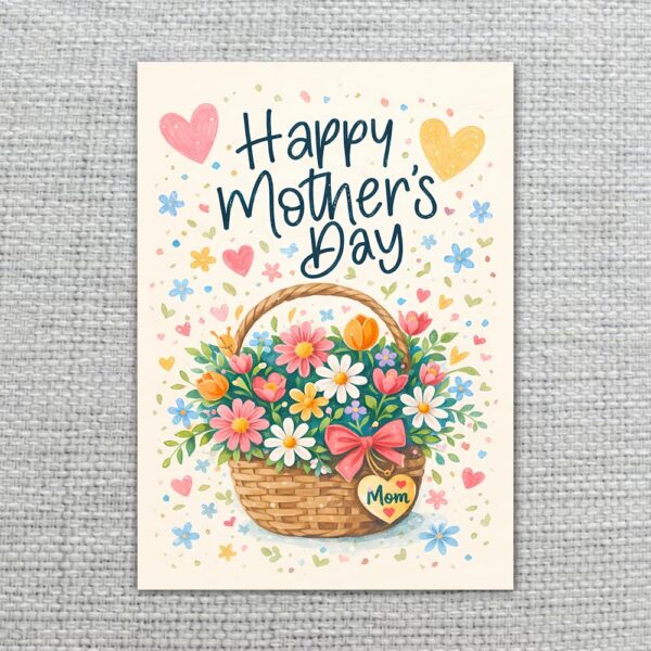 Happy Mothers Day Flower Basket Colorful Heart Design Last Minute Digital Greeting