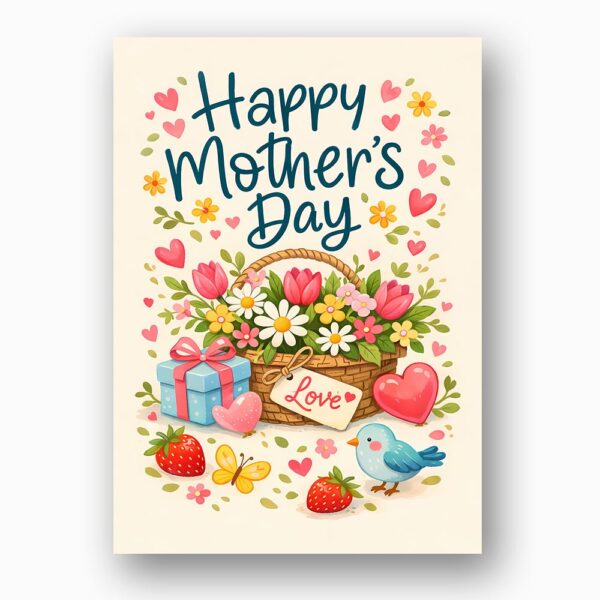 Happy Mothers Day Flower Basket Gift Boxes Bird Art Diy Celebration Card Download