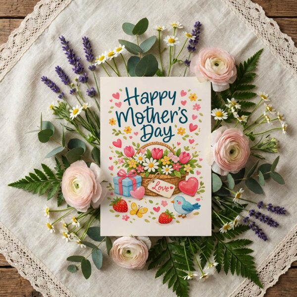 Happy Mothers Day Flower Basket Gift Boxes Bird Art Diy Celebration Card Download
