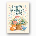 Happy Mothers Day Fox Bird Flower Basket Illustration Botanical Watercolor Printable Card