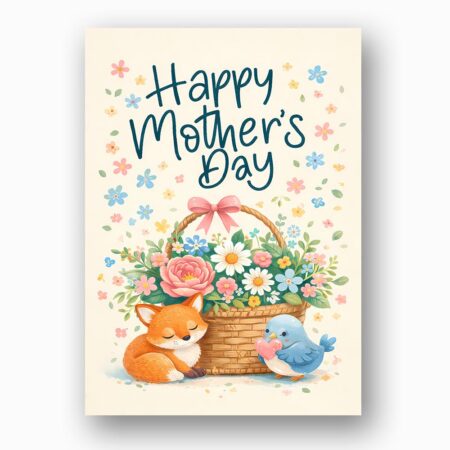 Happy Mothers Day Fox Bird Flower Basket Illustration Botanical Watercolor Printable Card