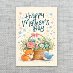 Happy Mothers Day Fox Bird Flower Basket Illustration Botanical Watercolor Printable Card