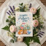 Happy Mothers Day Fox Bird Flower Basket Illustration Botanical Watercolor Printable Card