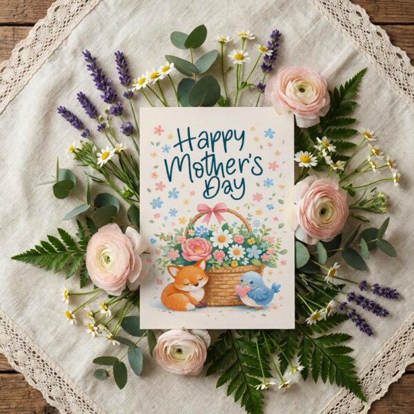 Happy Mothers Day Fox Bird Flower Basket Illustration Botanical Watercolor Printable Card