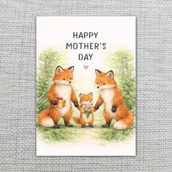 Happy Mothers Day Fox Family Forest Meadow Illustration High Quality Digital Stationery