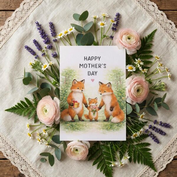 Happy Mothers Day Fox Family Forest Meadow Illustration High Quality Digital Stationery