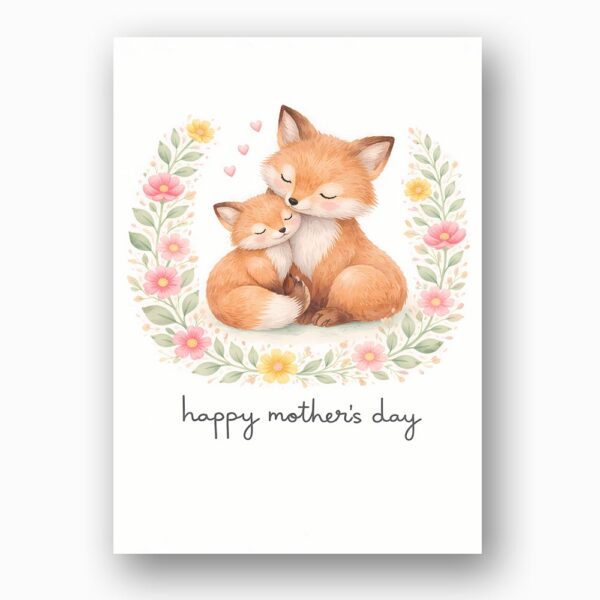 Happy Mothers Day Fox Mom And Cub Floral Wreath Illustration High Resolution Printable Card